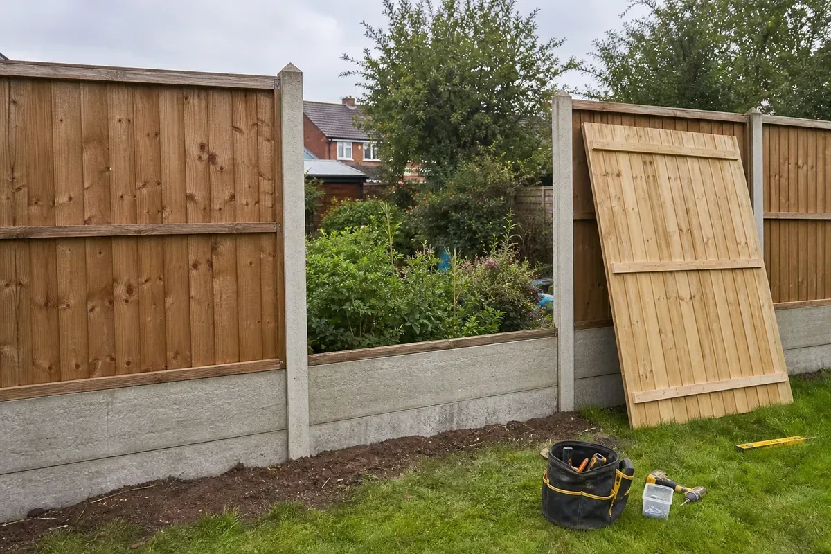 Damaged garden fence being repaired in Nuneaton
